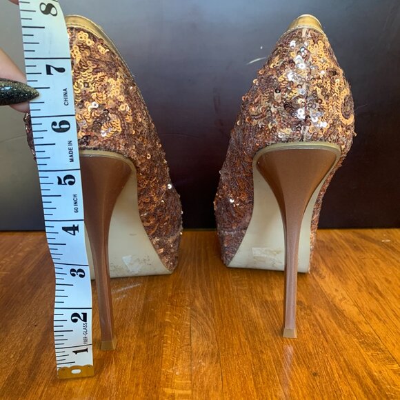 Baby Phat Rose Gold Sequin Round Toe Stiletto Platform Pumps - Picture 6 of 11